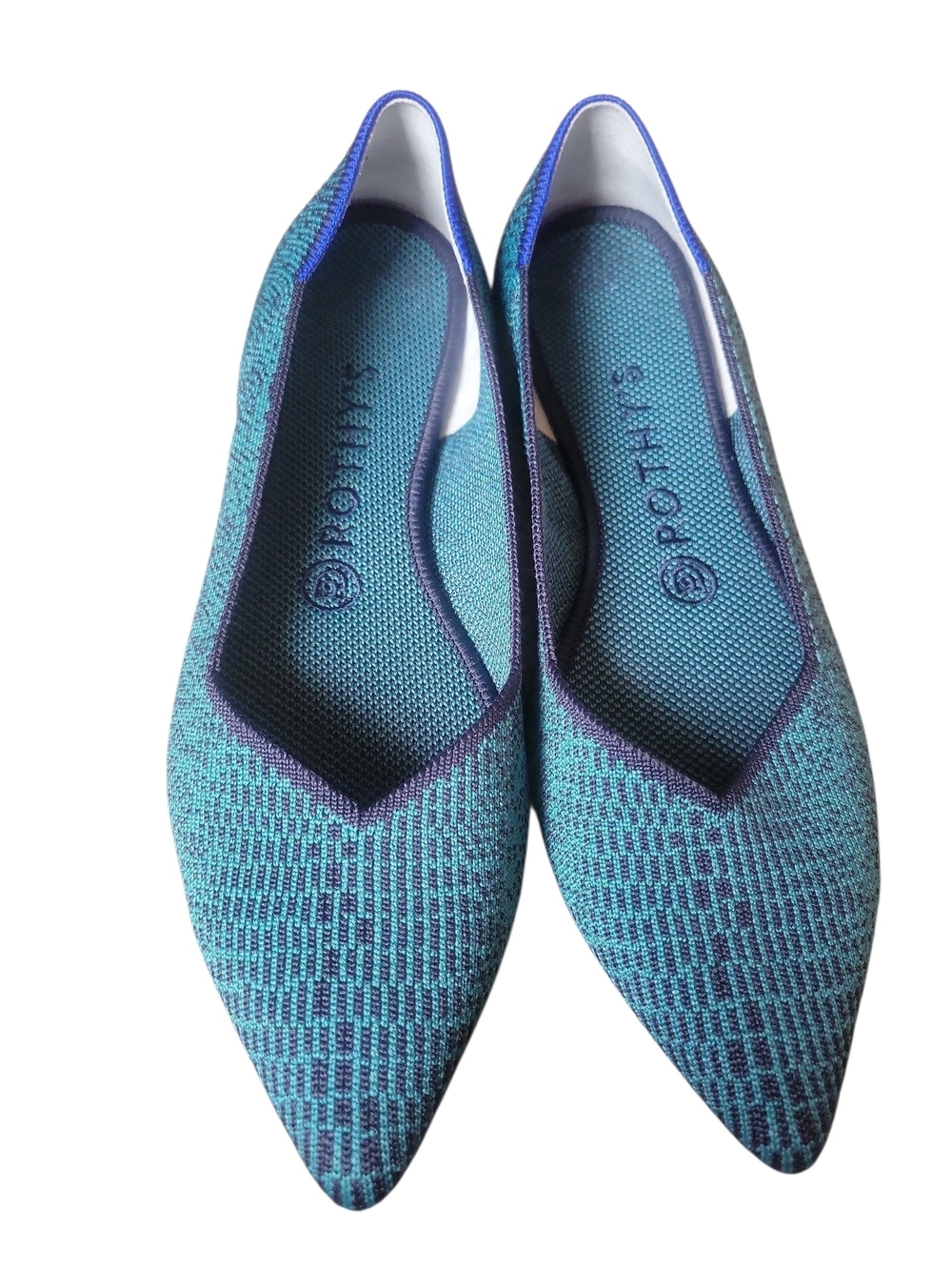 Rothy's Teal and Navy Pointed-Toe Knit Flats